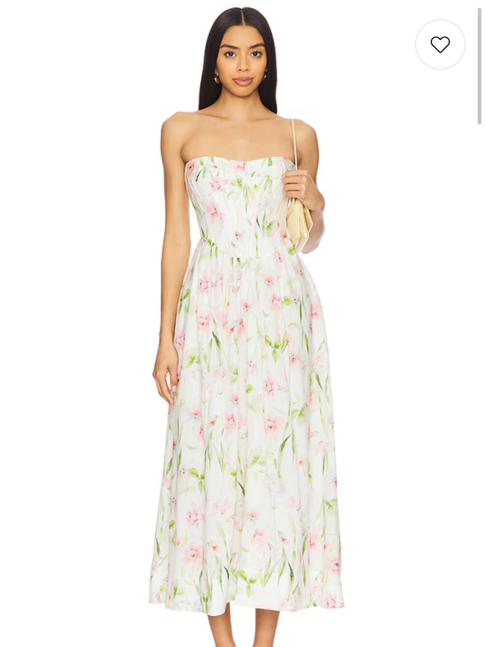 Strapless Floral Midi Dress in White and Pink